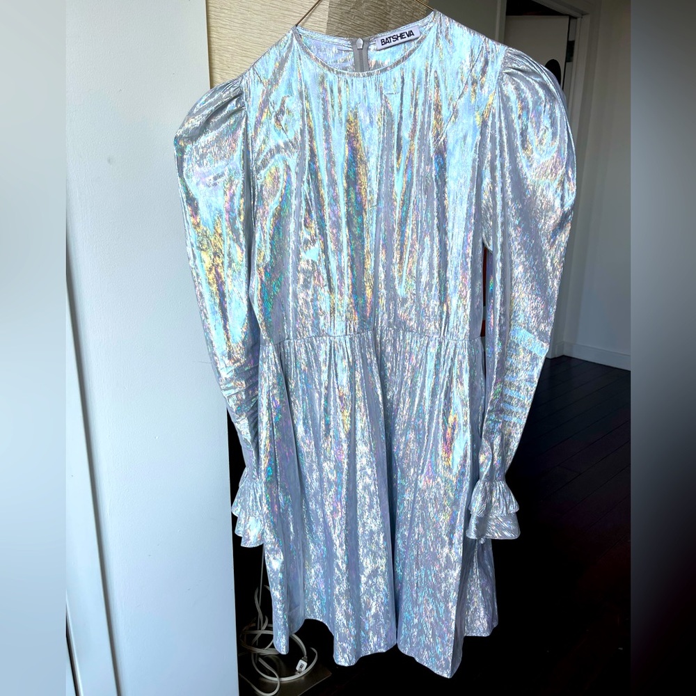 Batsheva Collarless Mini Prairie Dress - Holographic Silver Lamé